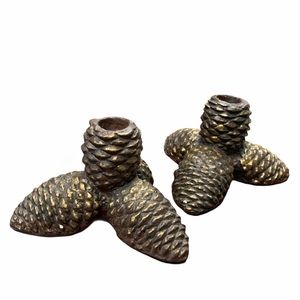 Set of 2 brass pinecone shaped candleholders